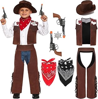 Velmawig Cowboy Costume Children's Deluxe Accessory Set Western Cowboy Police Cosplay Carnival Costume with Sombrero Cowboy Hat Vest Neckerchief Bandana for Boys Girls Birthday Party Dress Up