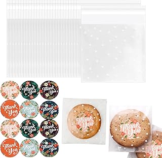 100 PCS 4"x4"+1.2" Clear Cookie Bags Cellophane Self Seal Bags, Resealable Personalised Sweet Bags with Sticker, Plastic Bags for Packaging Biscuit, Cake, Gift, Candy