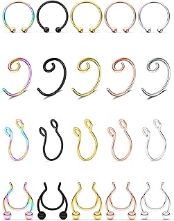 SCERRING Fake Septum Nose Hoop Rings Stainless Steel Faux Lip Ear Cartilage Nose Septum Ring Non Piercing Clip On Nose Hoop Rings Body Piercing Jewelry 20PCS