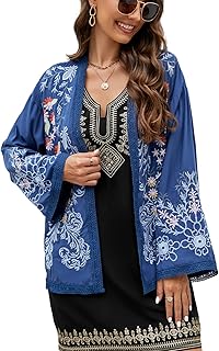 drakloak Women's Bohemian Embroidered Cardigan Summer, Floral Embroidered Beach Cardigan, Boho Lightweight Casual Long Sleeve Cardigan, Shawl Blouse Top