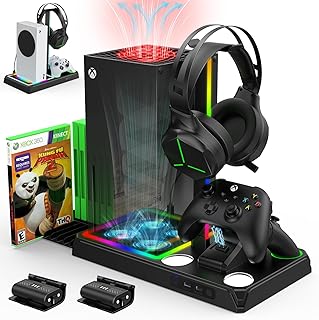 Allnice Cooling and Charging Stand for Xbox Series X/S with 2 X 1400 mAh Rechargeable Battery Xbox Series X/S Stand with Cooling Fan and Controller Charging Station & RGB Lights, 12 Game Disk Holder