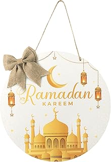 L1rabe Ramadan Kareem Hanging Ornament - Eid Mubarak Wreath Wooden Hanging Door Sign Decorations White Gold Round Welcome Sign Islam Ramadan Mubarak Moon Ornament Home Wall Door Decor Party Supplies