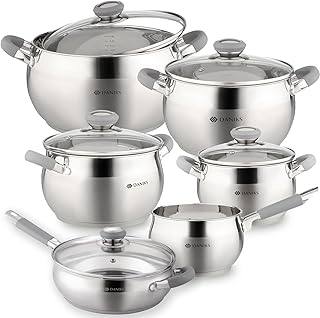 Daniks Modern 11-Piece Stainless Steel Induction Saucepan Set with Glass Lids, 16/18/20/24 cm, Saucepan, Frying Pan 22 cm, Pasta Pot, Soup Pot, Pasta Pot, Silver