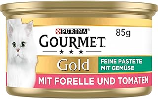 جورميه طعام القطط الرطب جورميه Gold Fine Pate مع الخضروات مع سمك السلمون المرقط والطماطم من بيورينا، عبوة من 12 قطعة (12 × 85 غرام)