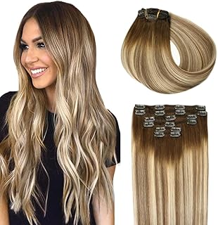 SURNEL Hair Extensions Clip in Human Hair Balayage Color 3 Fading to 8 Ash Brown Highlight 22 Medium Blonde Clip in Straight Human Hair 6pcs 120 Gram 20 inch Double Weft (C#3/8/22, 20'')