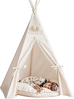 MINICAMP Tipi Original Tent for Children, Handmade in Natural Canvas and Wood, Play Tent for Children and Children, Living Room Tent for Girls and Boys, Stable Children's Tent with Pompom