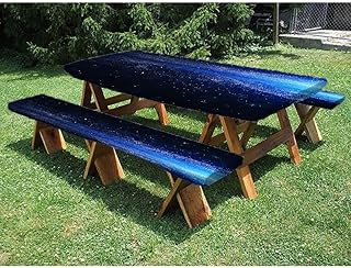 Starry sky 72" Polyester Picnic Table and Bench Fitted Tablecloth, Cosmic starry style theme, 3-piece set, perfect for party outdoor patio, 28 x 72 Inch