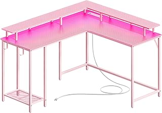 سوبرجاري مكتب العاب على شكل حرف L مع اضواء LED ومنافذ طاقة، مكتب كمبيوتر مع حامل شاشة، مكتب زاوية مكتب منزلي مع خطافات لسماعة الراس، الياف كربونية بينك، زهري