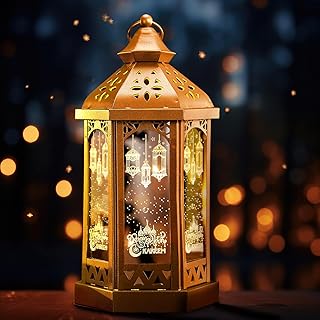 فانوس رمضان مقاس 11 × 5.51 × 4.72 انش من جلوجليتر، زينة رمضان للهدايا والترابيزة والجدار والشجرة والحفلات والشرفة والمنزل والاماكن الخارجية وديكور العيد الاسلامي، ذهبي