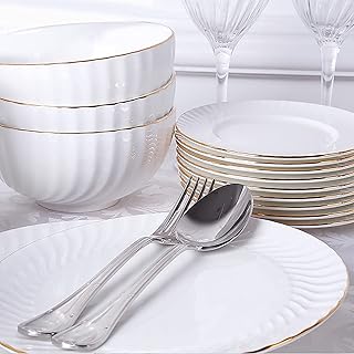 18 Pieces Dinnerware Sets, White Porcelain Bone China Dinner Serving Tableware Combination Set with Dessert Plates Soup Plates Dinner Plates Bowls Service for 6 People Microwave and Oven Safe