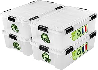 Iris Ohyama Airtight Plastic Storage Boxes with Lids, 35L, Set of 4, Clear, Hermetic Waterproof Seal, Durable Latching Buckles, Stackable, For Outdoors, Garage, Clothes, Dust Proof, BPA Free, WSB-35