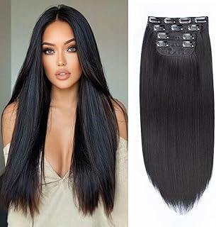 Mscat 16 Inch Clip Hair Extensions Straight Clip in Hair Extensions Synthetic Hair pieces for Women Girls 4PCS Full Head Set Thick Synthetic Hair Extensions(1B#)