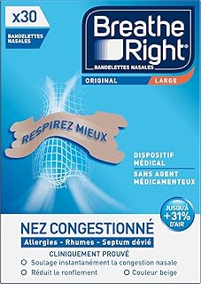 بريث رايت بانديليت انف اصلي مقاس L للنوم: يساعد على تقليل الشخير - نزلات البرد والحساسية والرياضة ويساعدك على التنفس بشكل افضل - لون البشرة، عبوة من 30 قطعة