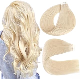 Lovrio Tape in Hair Extensions Human Hair #60 Platinum Blonde Seamless Skin Weft Invisible Double Sided Glue in Real Remy Human Hair Extensions Tape ins Blonde Hair Glue in 20 Inch 50g/20pcs