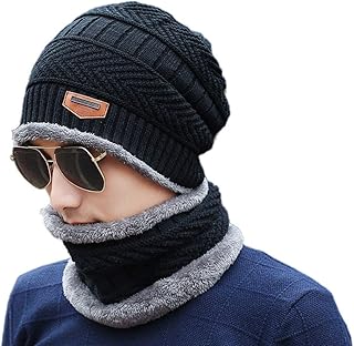 2 Pieces Winter Hat Scarf Set Warm Knit Thick Beanie Scarves Knitted Cap for Men (Black)