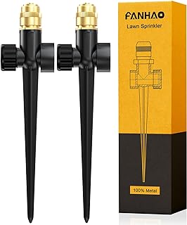 FANHAO Metal Lawn Sprinkler for Yard, 2 Pack Automatic Garden Water Sprinkler on Spike Base, Adjustable Brass Sprinkler Nozzle 360 Degree Large Area Coverage for Lawn Grass Patio Garden IrrigationL8