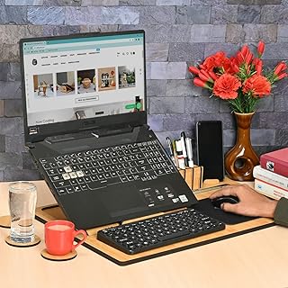 Gift Kya De Wood Gkd Lapdesks Premium All-in-One Table Top for Laptop Stand with Cooling Pad Keyboard and Mouse Pad Mobile Stand Stationary Desk Organizers and Coaster Set (All in One - Bamboo)