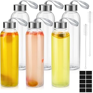 Invalidism Glass Bottles with Lids,6 Pack 500ml Empty Glass Water Bottle Airtight,Leakproof,Stainless Steel Lids Water,Smoothies,Juice Bottles with Lids & Cleaning Brush for Work,Gym,Home