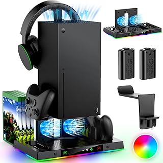 Upgrade Cooling Fan&Dual Charging Stand for Xbox Series X Console&Controller,Cooler Charger Station System for XSX with 15 RGB Light, 2x1400mAh Rechargeable Battery,Disc Accessories Storage (Black)