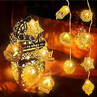 سلسلة مصابيح رمضان، مصباح كيروسين بتصميم قمر ونجمة عيد 5.56 قدم، 10 مصابيح LED تعمل بالبطارية لرمضان في الهواء الطلق ولوازم الحفلات