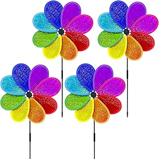 Tazweeq Reflective Flower Pinwheels,Colorful Garden Windmill Toys, Sparkly Pinwheel for Yard,Patio, Lawn, Bird Devices Deterrent to Scare Birds Away(4 Pack)