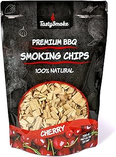 TastySmoke® High Quality Cherry Smoking Chips - 100% Natural Wood for Intense Smoke Flavour, Ideal for BBQ, Smoker, Grill - 750g Smoking Wood for Meat, Fish, Vegetables