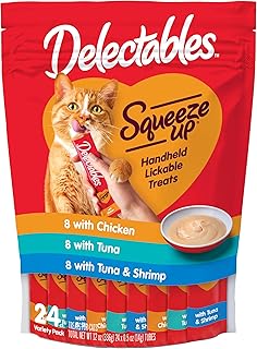 Hartz Delectables Squeeze Up Interactive Lickable Wet Cat Treats for Adult & Senior Cats, Tuna & Shrimp, 24 Count