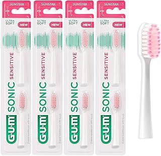 GUM Sonic Sensitive Replacement Heads for Battery Powered Toothbrush | x4 Packs of 2 (x8 Refill Heads in Total) | White