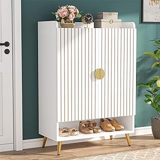 Tribesigns Shoe Cabinet with Doors, 7-Tier Shoe Storage Cabinet with Adjustable Shelves, Wooden Shoes Rack Shoe Storage Organizer for Entryway, Hallway, Closet, Living Room, Gold White