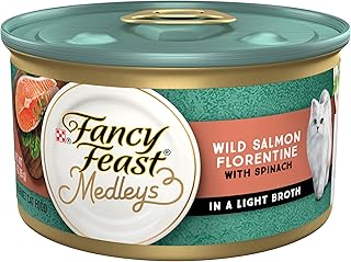 طعام القطط الرطب فانسي فيست Medleys Wild Salmon Florentine من بيورينا، 85 غرام، عبوة من 24 قطعة