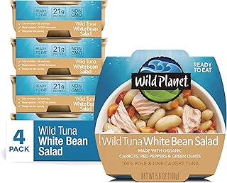 Wild Planet Ready-To-Eat Wild Tuna White Bean Salad With Organic Chickpeas, Carrots, Red Peppers & Green Olives, 5.6oz, (Pack Of 4), 4Count