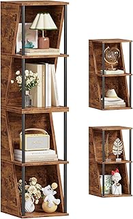 Furologee 5 Tier Book Shelf, Small 3 Tier Bookcase Set of 2, Tall Narrow Display Standing Shelf, DIY Stackable Cube Storage Shelves, Rustic Metal Wooden Desktop Rack for Living Room, Bedroom, Office