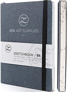 دفتر رسم من زين ارت B6 (5 انش × 7 انش) - غطاء جلدي هندسي متين، 160 صفحة فارغة من ورق عاجي ناعم 120 غرام لكل متر مربع خالي من الاحماض، جيب داخلي، 2 علامات مرجعية وشريط مطاطي