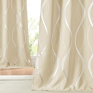 NICETOWN Bedroom Short Blackout Curtain Panels, Window Treatment Thermal Insulated Room Darkening Wave Line Foil Print Design Curtains for Kitchen, Cafe, Loft (Biscotti Beige, Set of 2, 34 by 63 Inch)