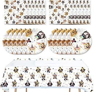 لوازم حفلات الكلاب 41 قطعة من ايجامي، تتضمن 20 طبقا و20 منديل و1 قطعة مفرش طاولة، تستخدم لتزيين حفلات اعياد الميلاد للكلاب والحيوانات الاليفة (كلب ابيض اتش اتش اتش)