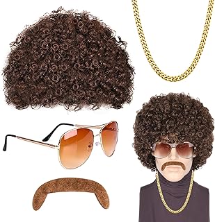 Set of 4 Men's Wigs, 70s Disco Dude Dirt Bag Wig, Necklace, Mustache, Short, Curly, Afro Shaggy Wig, Hippie Costume Set, Afro Wig, Cosplay Costume, Halloween Theme