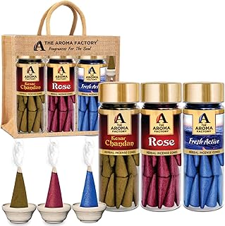 The Aroma Factory Incense Sticks Dhoop Cone Kesar Chandan, Rose & Fresh Active (100% Herbs & 0% Charcoal) 3 Bottles x 30 Incense Cones