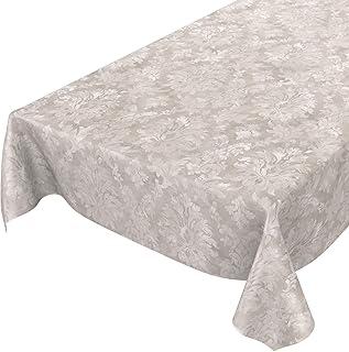 Oilcloth tablecloth, washable garden tablecloth made of oilcloth, round, oval, rectangular, for indoor and outdoor use, baroque tendril pattern, light grey-beige, 220 x 140 cm