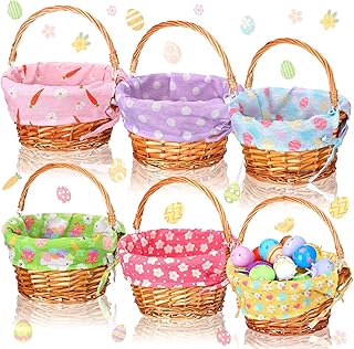 Cinnvoice 6 Pcs Easter Rattan Wicker Basket with Liner, Fruit Storage Serving Woven Wicker Baskets with Handle for Easter Egg Hunting, Empty Gift Basket for Easter Egg Hunt & Picnic(Easter Eggs)