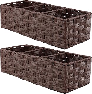 MAHIONG 2 PCS 36 x 15 x 9 cm Brown Wicker Basket with 3 Compartments, Bathroom Storage Baskets, Plastic Rattan Basket for Organizing, Shelves, Desks