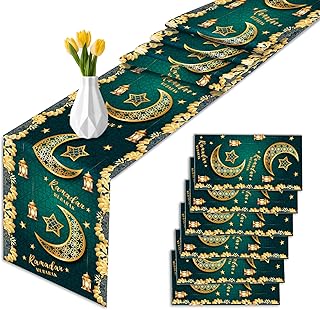 6 Pcs Green Ramadan Table Runners Plastic Ramadan Decoration for Home 2025 Ramadan Decor Ramadan Theme Birthday Eid Party Decorations Mubarak Disposable Table Runner Table Decor,14" x 108"