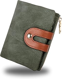 Jiusely Women's Small Leather RFID Purse Bifold Wallet, Green Ladies Purse, Women Credit Card Holder Coin Purse, PU Leather Small Wallets for Women, Ladies Small Purse with ID Window