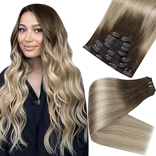 Full Shine Clip in Hair Extensions Real Human Hair Brown to Blonde Hair Extensions Clip ins 18Inch Seamless Clip in Human Hair Extensions Skin Weft Fading to Ash Blonde Mix Platinum 120Grams 8Pcs