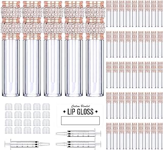 انابيب ملمع شفاه كريستالية لامعة بغطاء مرصع باحجار الراين عبوات احمر شفاة سائل فارغة سعة 5 مل + 3 قطع محاقن + 10 اكياس مايلر + ملصقات لتسمية الشفاه الخاص بك مجموعة من 50 انبوب اموريكس