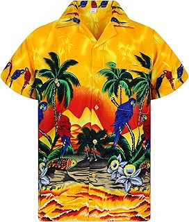 Funky Hawaiian Shirt Men Shortsleeve Frontpocket Hawaiian-Print Parrot Flowers