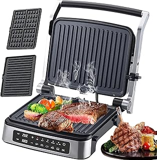 Electric Grill & Panini Press 3-in-1 LED Touch Panel Sandwich Toaste Maker with Drip Tray Non-Stick Coated Plates 180°flip Tempe Control 1H Timer 2000W Waffle Maker for Roasting Baking Steak Grill