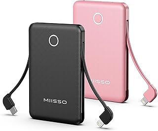 2-Pack 6000mah Ultra Slim Built in Cables Power Bank, Card Size Built in USB C Cords Battery Pack Portable Charger for Phones, 3 Output External Battery Pack Compatible with iPhone, Black & Pink