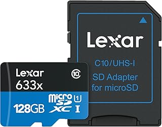 بطاقة ليكسار عالية الاداء 633x 128 جيجابايت microSDXC UHS-I مع محول SD، حتى 100ميجابايت/ثانية قراءة، للهواتف الذكية والتابلت وكاميرات الحركة (LSDMI128BBEU633A)