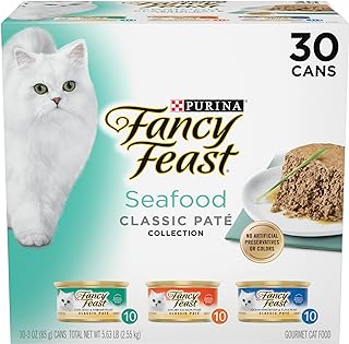 Purina Fancy Feast Grain Free Pate Wet Cat Food Variety Pack, Seafood Classic Pate Collection - (30) 3 oz. Cans