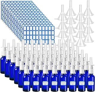 ZHWKMYP 80 Pcs Nasal Spray Bottle Empty, Blue Glass Refillable Fine Mist Nasal Spray Bottles with 16 Pcs Funnels and 16 Pcs Labels (30ML/1oz)